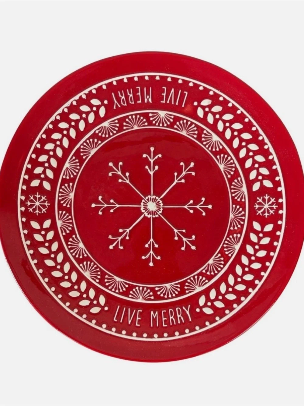 Christmas Red Round Snowflake Decorative Plate 13”